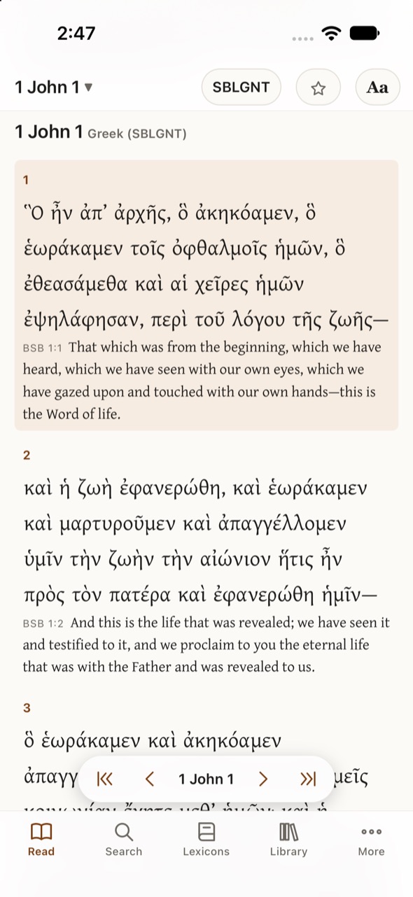 The iPhone reader: 1 John 1 in Greek with the BSB under each verse, the chapter buttons, and the tab bar.